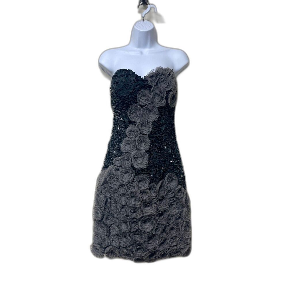 YIGAL AZROUEL Leather Sequin Fabric Flower Strapless Cocktail Dress, Sz 4